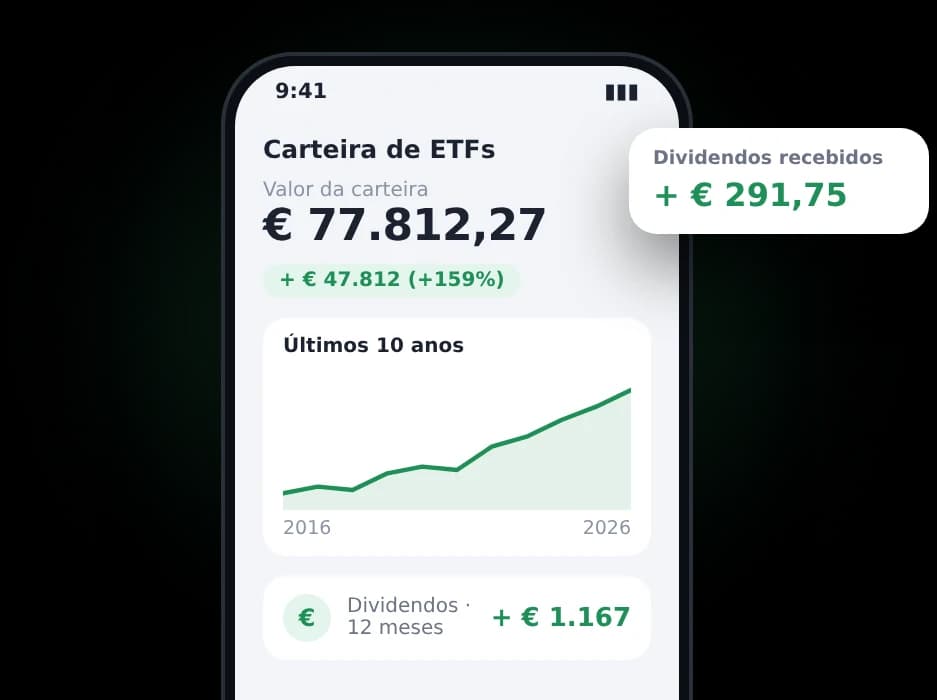 App de carteira de ETFs com patrimônio crescendo e dividendos recebidos
