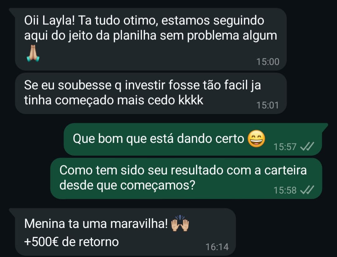Conversa de WhatsApp em que uma aluna conta que teve mais de 500 euros de retorno e que, se soubesse que investir era tão fácil, teria começado antes