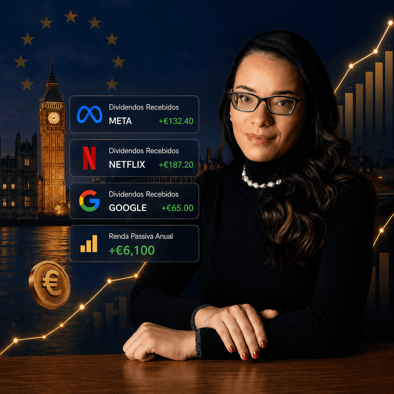 Layla, consultora de investimentos, com indicadores de dividendos recebidos em euro ao fundo